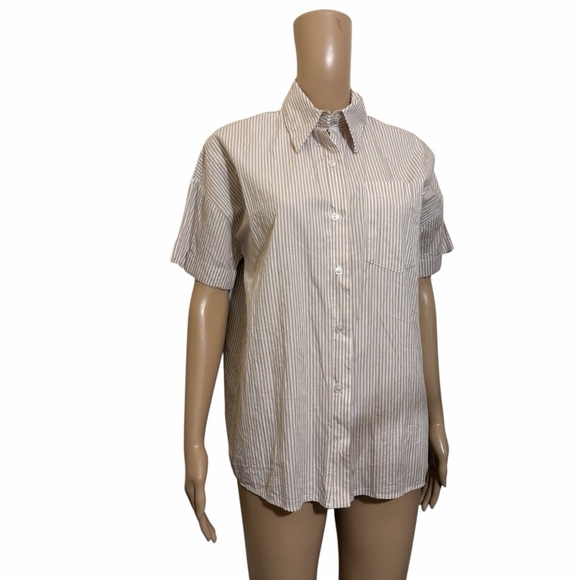 Lisa Says Gah Striped Button Down Shirt - White and Brown - Picture 3 of 8